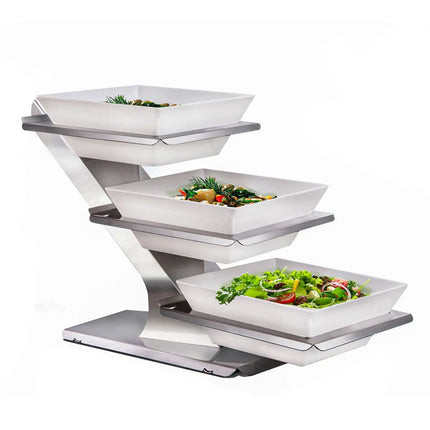 GGM Gastro Etagere / Buffet Stand - 3-piece set - Stainless steel - Chrome high-gloss - square - Height: 480mm - incl. 3 Melamine bowls 300x300mm - with 3 shelves