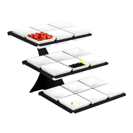GGM Gastro Etagere / Buffet Stand - Black - Height: 412mm - incl. 18 Melamine bowls 140x140mm - with 3 shelves - square - Powder-coated stainless steel & melamine