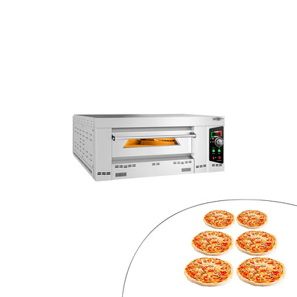 GGM Gastro Gas Deck Pizza Oven - Single Deck - Refractory Stone Deck - 6 - Ø 34cm (34 cm) - 230V Single Phase - Mechanical Controls - up to 450°C - incl. Chimney, Ø150mm flue pipe, Natural gas & Propane jets