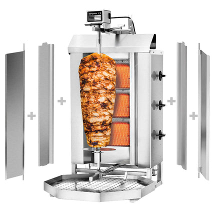 GGM Gastro Gas Doner Kebab Grill (Shawarma/Gyros) - 3 Burner - up to 40kg - 9.75kW - Countertop - incl. 2 splash guards & 2 double doors