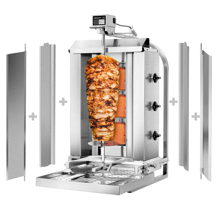 GGM Gastro Gas Doner Kebab Grill (Shawarma/Gyros) - 3 Burner - up to 40kg - 9.75kW - Countertop - incl. 2 splash guards & 2 double doors
