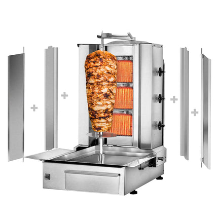 GGM Gastro Gas Doner Kebab Grill (Shawarma/Gyros) - 3 Burner - up to 40kg - 9.75kW - Countertop - incl. 2 splash guards & 2 double doors
