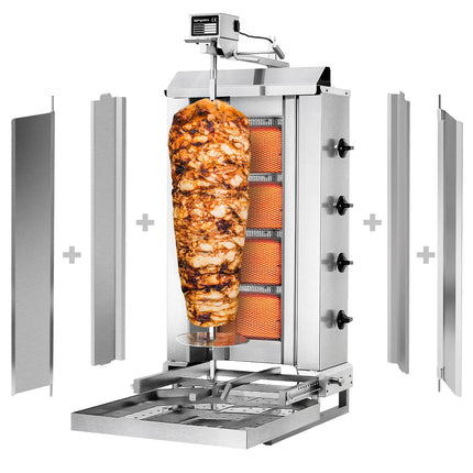GGM Gastro Gas Doner Kebab Grill (Shawarma/Gyros) - 4 Burner - up to 60kg - 13kW - Countertop - incl. 2 splash guards & 2 double doors