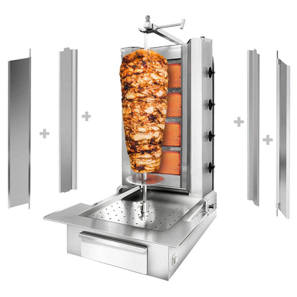 GGM Gastro Gas Doner Kebab Grill (Shawarma/Gyros) - 4 Burner - up to 60kg - 13kW - Countertop - incl. 2 splash guards & 2 double doors - For UK