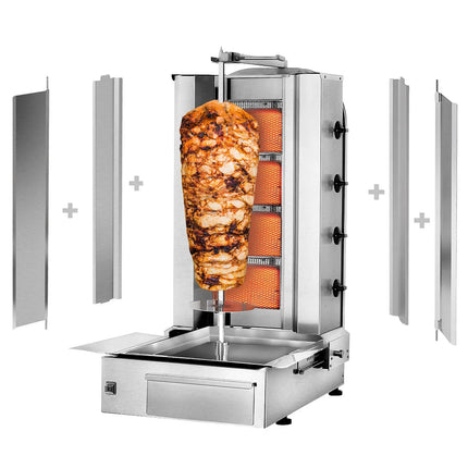 GGM Gastro Gas Doner Kebab Grill (Shawarma/Gyros) - 4 Burner - up to 60kg - 13kW - Countertop - incl. 2 splash guards & 2 double doors