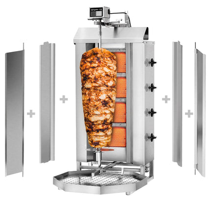 GGM Gastro Gas Doner Kebab Grill (Shawarma/Gyros) - 4 Burner - up to 60kg - 13kW - Countertop - incl. 2 splash guards & 2 double doors