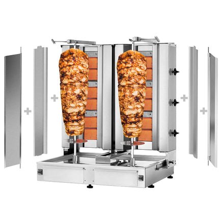 GGM Gastro Gas Doner Kebab Grill (Shawarma/Gyros) - Twin x 3 Burner - up to 80kg - 19.5kW - Countertop - incl. 2 splash guards & 2 double doors