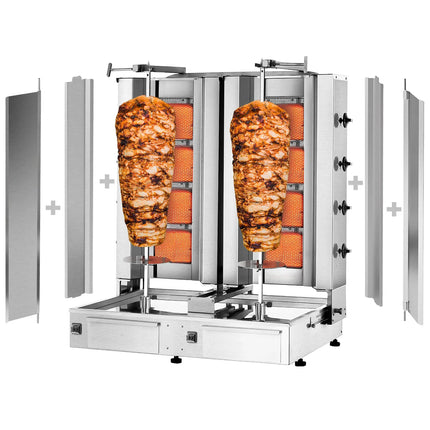 GGM Gastro Gas Doner Kebab Grill (Shawarma/Gyros) - Twin x 4 Burner - up to 120kg - 26kW - incl. 2 splash guards & 2 double doors - For CE