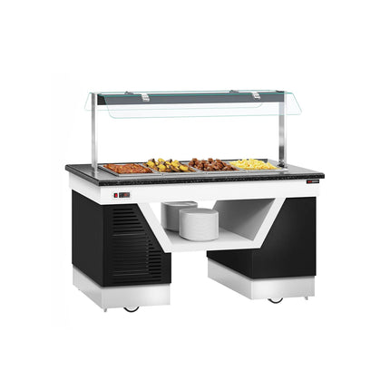 GGM Gastro Heated Bain Marie Buffet Counter BELFAST - 1600mm - with Bain Marie Well + Flat Glass Sneeze Guard - on Castors - for 4x GN 1/1 - Black