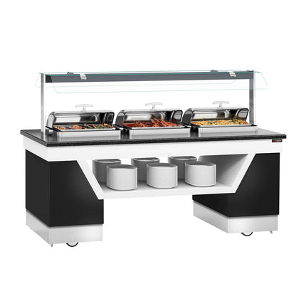GGM Gastro Heated Bain Marie Buffet Counter BELFAST - 2300mm - for 3 Chafing Dishes - on Castors - Black