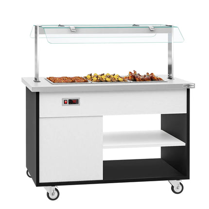 GGM Gastro Heated Bain Marie Buffet Counter DANZIG - 1300mm - for 3x GN 1/1 - Mobile - with Gantry - with Sneeze Screen