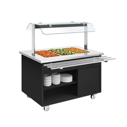 GGM Gastro Heated Bain Marie Buffet Counter DANZIG - on Castors - 1300 mm - for 3 × GN 1/1 - with Tray Slide - Black