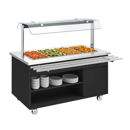 GGM Gastro Heated Bain Marie Buffet Counter DANZIG - on Castors - 1600 mm - for 4 × GN 1/1 - with Tray Slide - Black