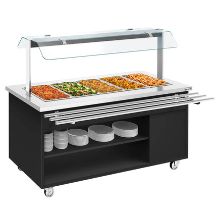 GGM Gastro Heated Bain Marie Buffet Counter DANZIG - on Castors - 1900 mm - for 5 × GN 1/1 - with Tray Slide - Black