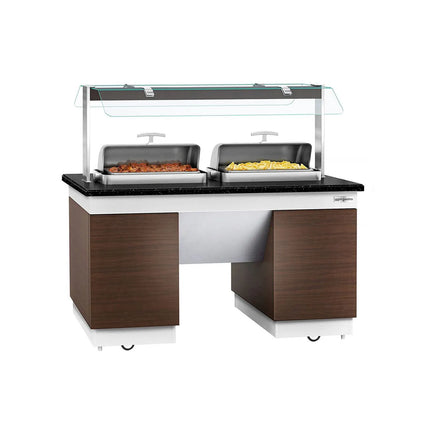 GGM Gastro Heated Bain Marie Buffet Counter DUBLIN - 1600mm - with 2 Chafing Dishes - on Castors - Brown