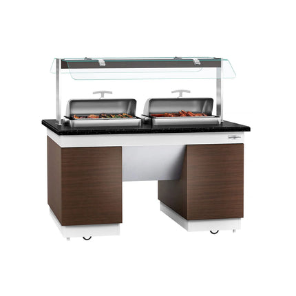 GGM Gastro Heated Bain Marie Buffet Counter DUBLIN - 1600mm - with 2 Chafing Dishes - on Castors - Brown