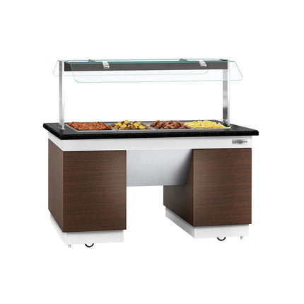 GGM Gastro Heated Bain Marie Buffet Counter DUBLIN - 1600mm - with Bain Marie Well + Flat Glass Sneeze Guard - on Castors - for 4x GN 1/1 - Brown