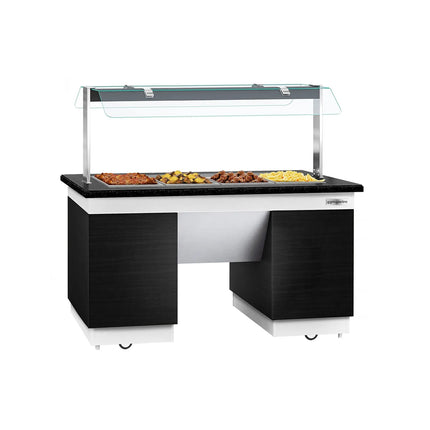 GGM Gastro Heated Bain Marie Buffet Counter DUBLIN - 1600mm - with Bain Marie Well + Flat Glass Sneeze Guard - on Castors - for 4x GN 1/1 - Black
