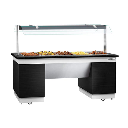 GGM Gastro Heated Bain Marie Buffet Counter DUBLIN - 2000mm - with Bain Marie Well + Flat Glass Sneeze Guard - on Castors - for 5x GN 1/1 - Black