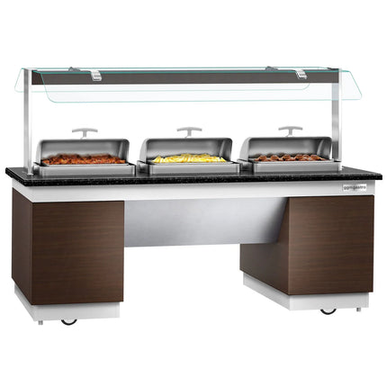 GGM Gastro Heated Bain Marie Buffet Counter DUBLIN - 2300mm - with 3 Chafing Dishes - on Castors - Brown