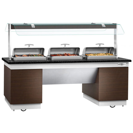 GGM Gastro Heated Bain Marie Buffet Counter DUBLIN - 2300mm - with 3 Chafing Dishes - on Castors - Brown