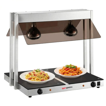 GGM Gastro Hot Plate Stainless Steel with Ceramic Glass Surface - 730mm - 1.07 kW - with 2 Infrared Heat Lamps - with Toughened Glass Sneeze Screen
