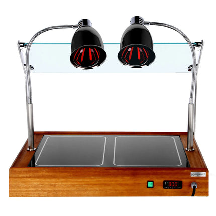 GGM Gastro Hot Plate - Wood Effect - with Ceramic Glass Surface - 800mm - 1x GN 1/1 - 1.3 kW - with 2 Infrared Heat Lamps - with Toughened Glass Sneeze Screen