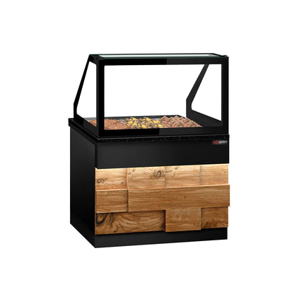 GGM Gastro Hot Servery Counter TORONTO - 1250mm - wood front - Bain Marie Top for 3x GN 1/1 - Black Granite Worktop