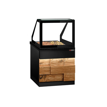 GGM Gastro Hot Servery Counter TORONTO - 800mm - wood front - Bain Marie Top for 2x GN 1/1 - Black Granite Worktop