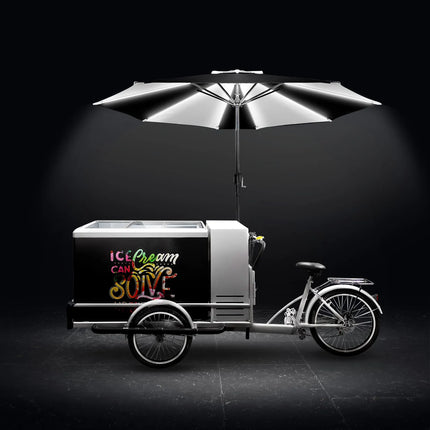 GGM Gastro Ice Cream Cart / Ice cream bike - with LED lighting - with LED-lit umbrella - for 7 x 5 litres Napoli pans - 2665mm