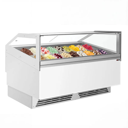 GGM Gastro Ice Cream Display Freezer | ADAM - 1700mm - Ventilated cooling - with LED lighting - for 18 x 5 litres Napoli pans or 12 x 7 litres - White - curved glass canopy