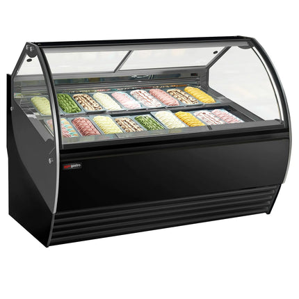 GGM Gastro Ice Cream Display Freezer | NOLAN - 1736mm - Ventilated cooling - with LED lighting - for 18 x 5 litres Napoli pans - Black