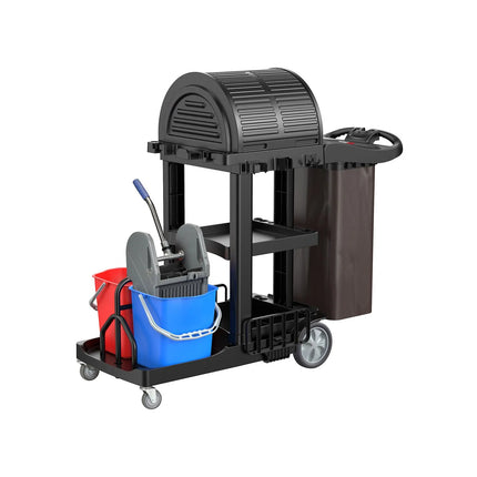 GGM Gastro Janitorial Cleaning Trolley - Open - with 3 shelves & down-press wringer & laundry bag & roller shutter doors - Black
