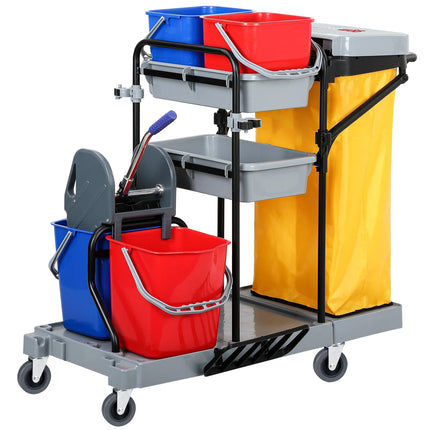GGM Gastro Janitorial Cleaning Trolley - Open - with 4 Containers, Mop Wringer & Laundry Bag- Grey