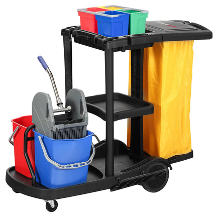 GGM Gastro Janitorial Cleaning Trolley - Open - with 6 Containers, Mop Wringer & Laundry Bag - Black