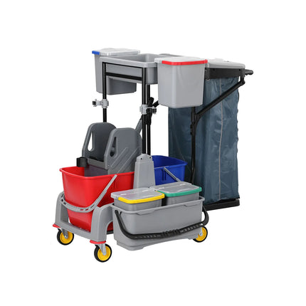 GGM Gastro Janitorial Cleaning Trolley - Open - with 6 Containers, Mop Wringer, Laundry Bag & Shelf - Grey