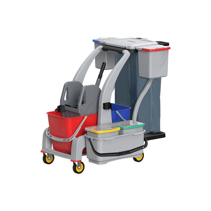 GGM Gastro Janitorial Cleaning Trolley - Open - with 6 Containers, Mop Wringer & Laundry Bag - Grey