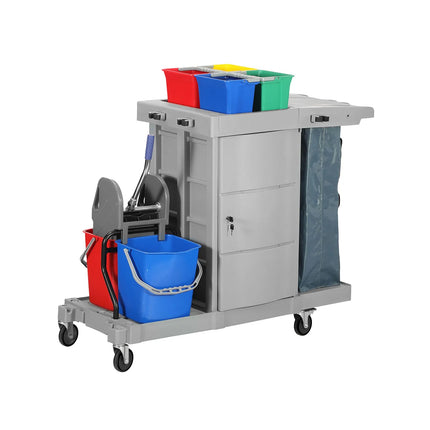GGM Gastro Janitorial Cleaning Trolley - With Lockable Cabinet - with 6 lidded boxes & laundry bag - Grey