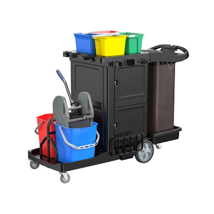 GGM Gastro Janitorial Cleaning Trolley - With Lockable Cabinet - with 6 lidded boxes & laundry bag - Black