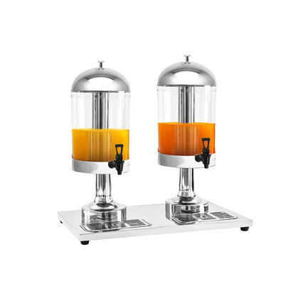 GGM Gastro Juice Dispenser - 2x polycarbonate tanks with tap & ice inserts - 2x 8 Litres - Stainless steel - incl. drip tray & lid