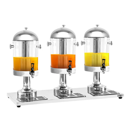 GGM Gastro Juice Dispenser - 3x polycarbonate tanks with tap & ice inserts - 3x 7.5 Litres - Stainless steel - incl. drip tray & 3x ice cylinders & 3x perforated infusion cylinders