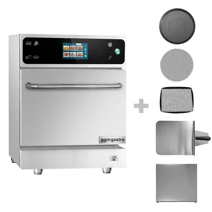 GGM Gastro Lò Nướng Tốc Độ Cao - Cảm Ứng - 3.5kW - Thép Không Gỉ - Không Cần Ống Thoát - Kèm Khay Pizza, Giỏ Lưới, Khay Nướng Chống Dính | Nấu Nhanh Hơn 80%