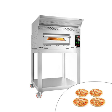 GGM Gastro Lò Pizza Gas - 1 Tầng - 4x Ø34cm - Điều Khiển Cơ - Nắp Chụp + Chân Đế + Bánh Xe - Ống Khói Ø150mm