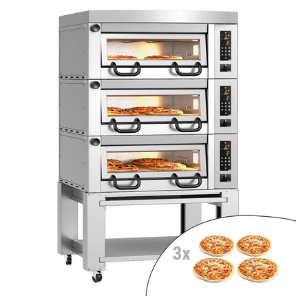 GGM Gastro Lò Pizza Tầng Điện - 3 Tầng - Đáy Đá Chịu Lửa - 4+4+4 - Ø34cm (33 cm) - Điều Khiển Số - Đến 450°C - Kèm Nắp Chụp & Khung Chân Đế