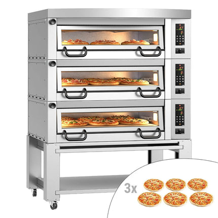 GGM Gastro Lò Pizza Tầng Điện - 3 Tầng - Đáy Đá Chịu Lửa - 6+6+6 - Ø34cm (34 cm) - Kèm Nắp Chụp & Khung Chân Đế - Điều Khiển Số