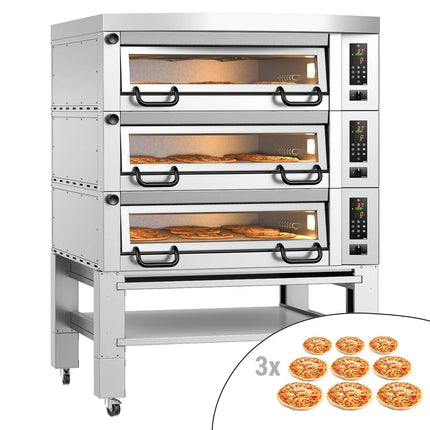 GGM Gastro Lò Pizza Tầng Điện - 3 Tầng - Đáy Đá Chịu Lửa - 9+9+9 - Ø34cm (34 cm) - Điều Khiển Số - Đến 450°C - Kèm Nắp Chụp & Khung Chân Đế