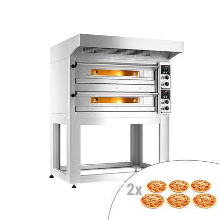 GGM Gastro Lò Pizza Tầng Điện - Tầng Đôi - Đáy Đá Chịu Lửa - 4+4 - Ø33cm (33 cm) - Điều Khiển Cơ - Đến 400°C - Kèm Nắp Chụp Thép Không Gỉ & Khung Chân Đế