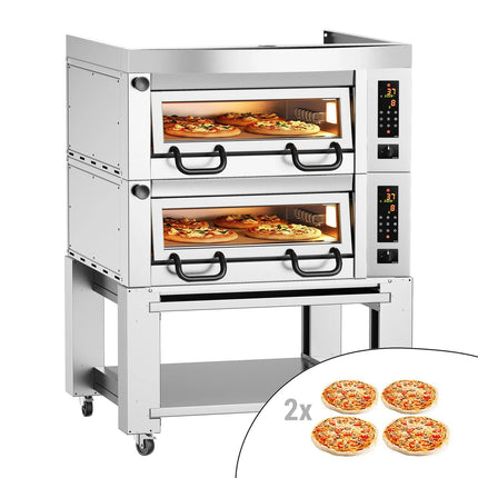 GGM Gastro Lò Pizza Tầng Điện - Tầng Đôi - Đáy Đá Chịu Lửa - 4+4 x Ø34cm (34 cm) - 230V 3 Pha - Điều Khiển Số - Đến 450°C - Kèm Nắp Chụp & Khung Chân Đế & Bánh Xe