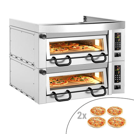 GGM Gastro Lò Pizza Tầng Điện - Tầng Đôi - Đáy Đá Chịu Lửa - 4+4 x Ø34cm (34 cm) - Điều Khiển Cảm Ứng - Đến 450°C - Kèm Nắp Chụp Thép Không Gỉ