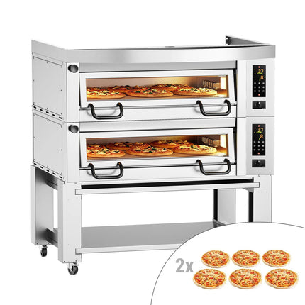 GGM Gastro Lò Pizza Tầng Điện - Tầng Đôi - Đáy Đá Chịu Lửa - 6+6 - Ø34cm (34 cm) - 230V 3 Pha - Điều Khiển Số - Đến 450°C - Kèm Nắp Chụp, Khung Chân Đế & Bánh Xe